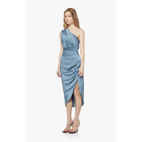 Elliatt NWT Cassini Satin One Shoulder Ruched Dress Cadet Blue XS - Picture 3 of 8